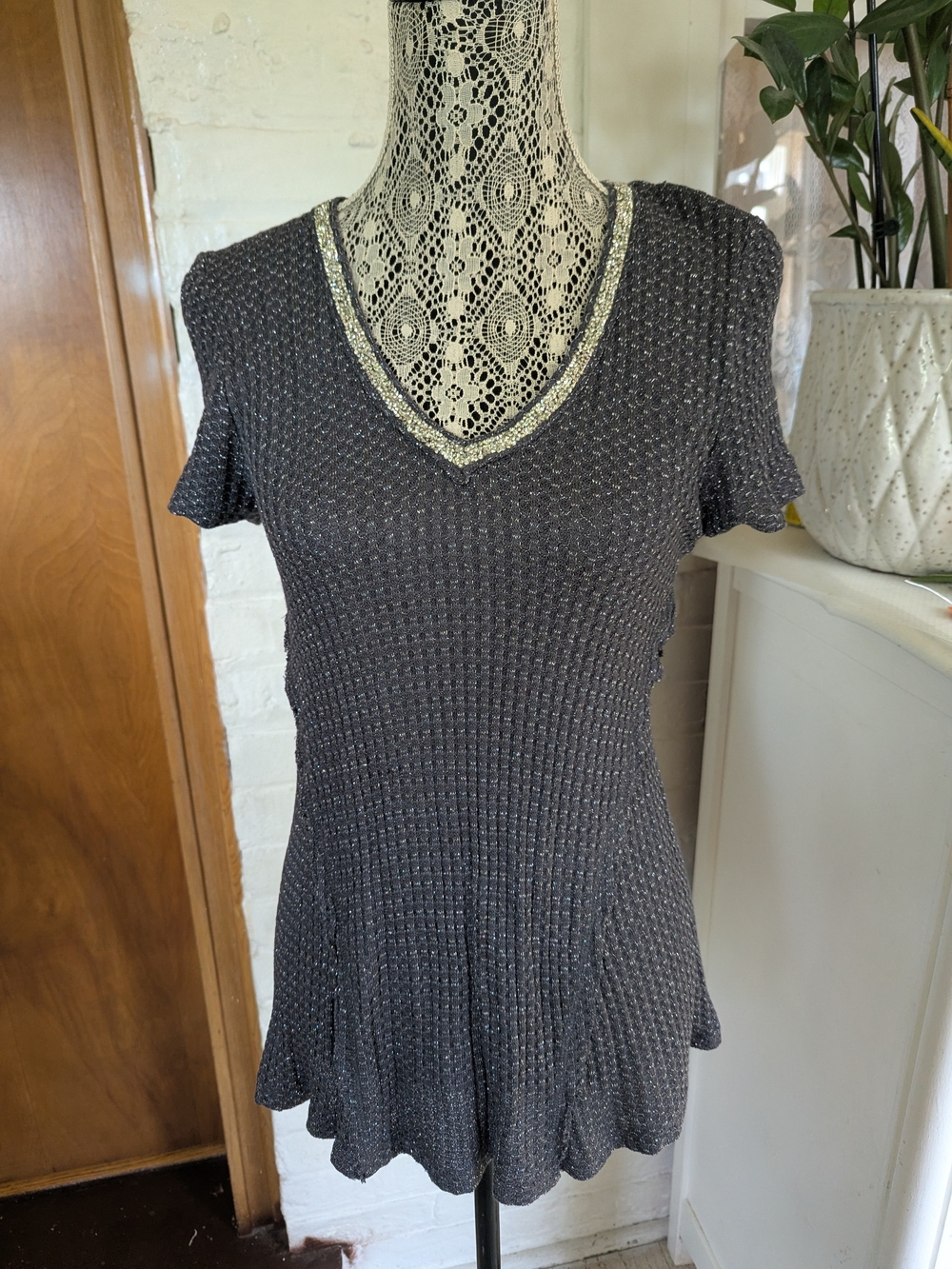 Juicy Couture marl gray rhinestone embellished short sleeve knit top